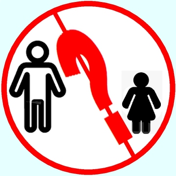 Big white male figure / small black female figure -- red NO symbol with a question mark embedded on the diagonal
